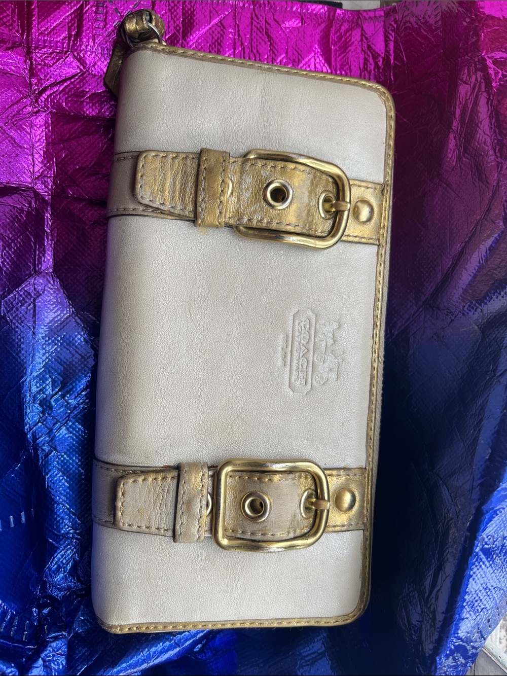 Coach Cream Leather Zip Wallet with Gold Buckle Trim